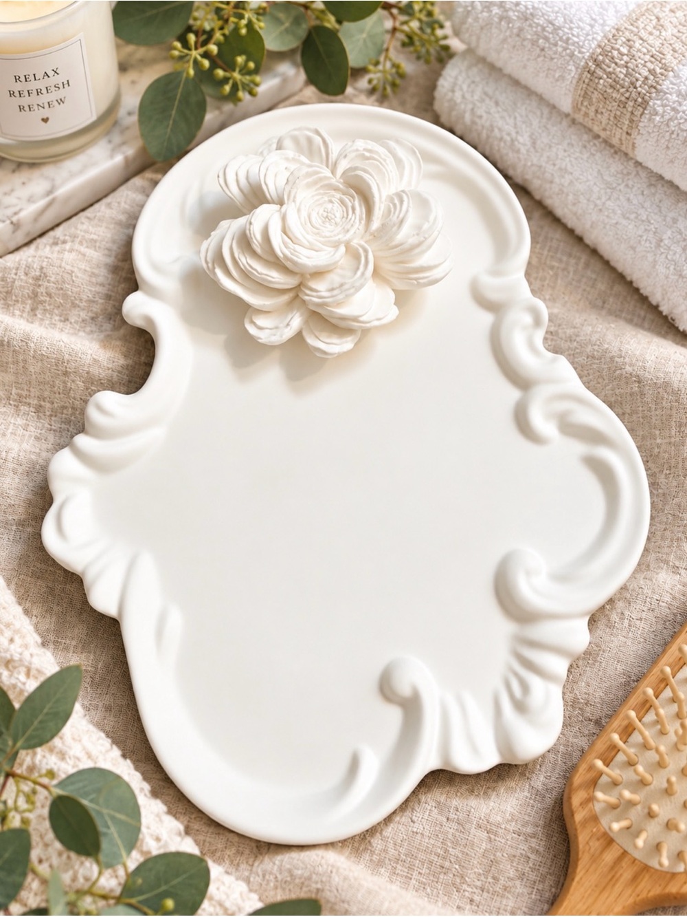 Decorative White Floral Scalloped Trinket Dish and Scented stone flower